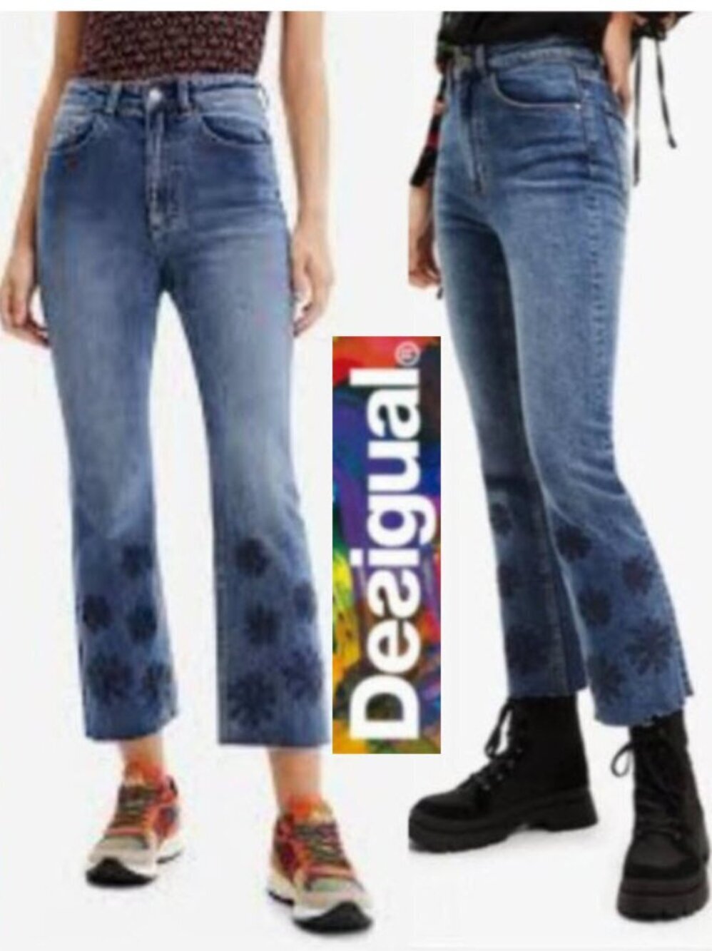 Desigual Cala Crop Flare Blue Jeans Floral Embroidery 32 Blue Paris Boho